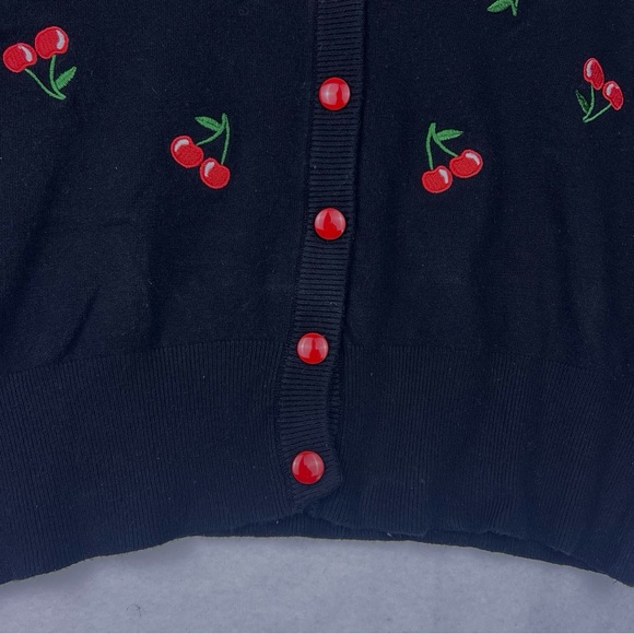 Belle Pogue Retro Embroidered Cherry Cropped V-Neck Cardigan Women's XL BLACK - Picture 5 of 16